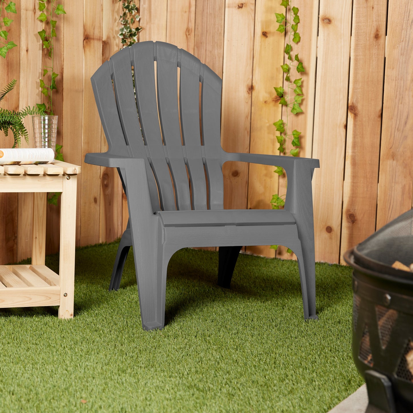 PATIO Realcomfort Stackable Charcoal Resin Frame Stationary Adirondack Chair with Slat Seat