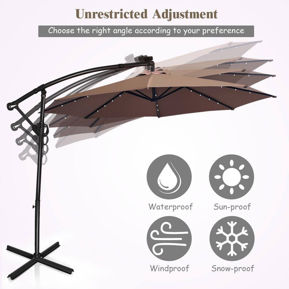 10 Ft. Aluminum Offset Cantilever Solar Tilt Patio Umbrella LED Lights 360-Degrees Rotation Tan