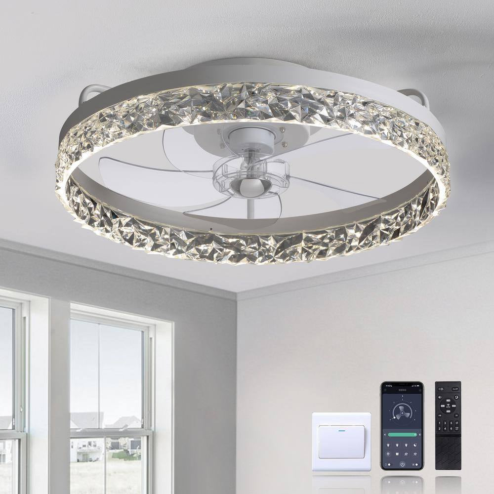 Lidia 19.68 in Indoor Modern White Crystal Flush Mount Ceiling Fan with Light, White LED Ceiling Fan for Bedroom