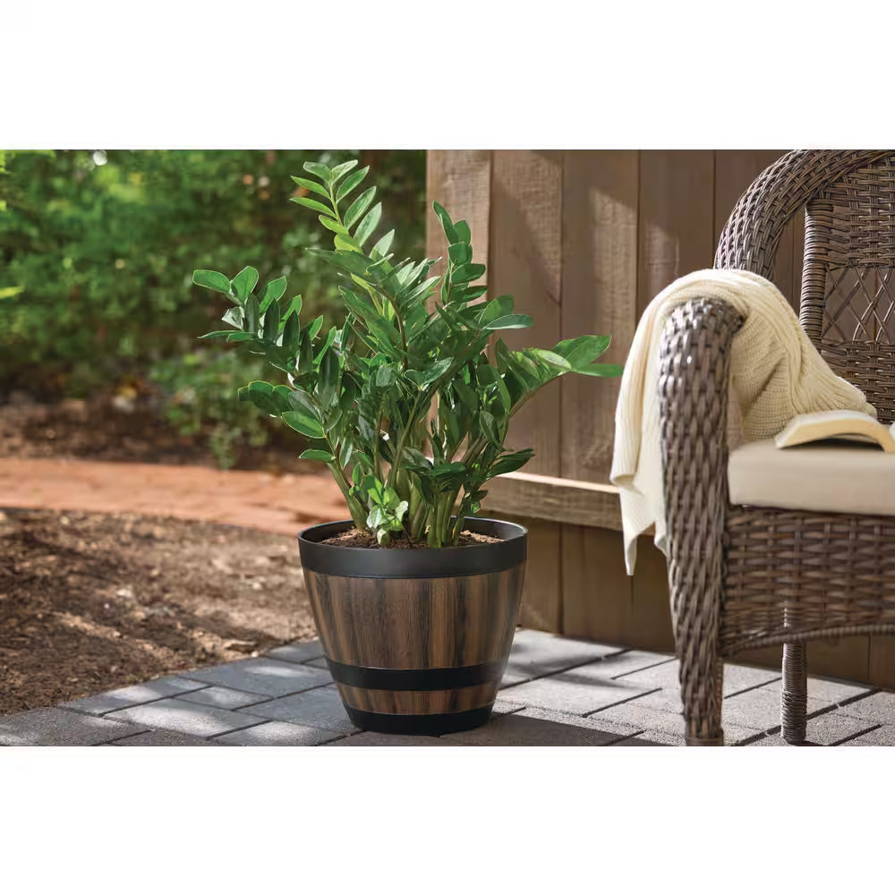Reedley Medium Kentucky Walnut Brown Resin Wine Barrel Lightweight round Planter (12.8 In. L X 12.8 In. W X 10.5 In. H)