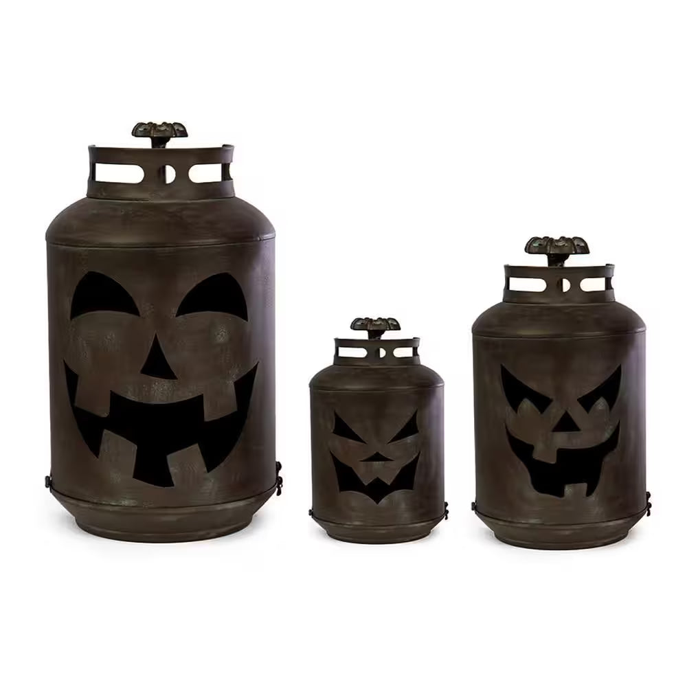14 In. Halloween Patina Pumpkin Lanterns - Replica Propane Lanterns (Set of 3)