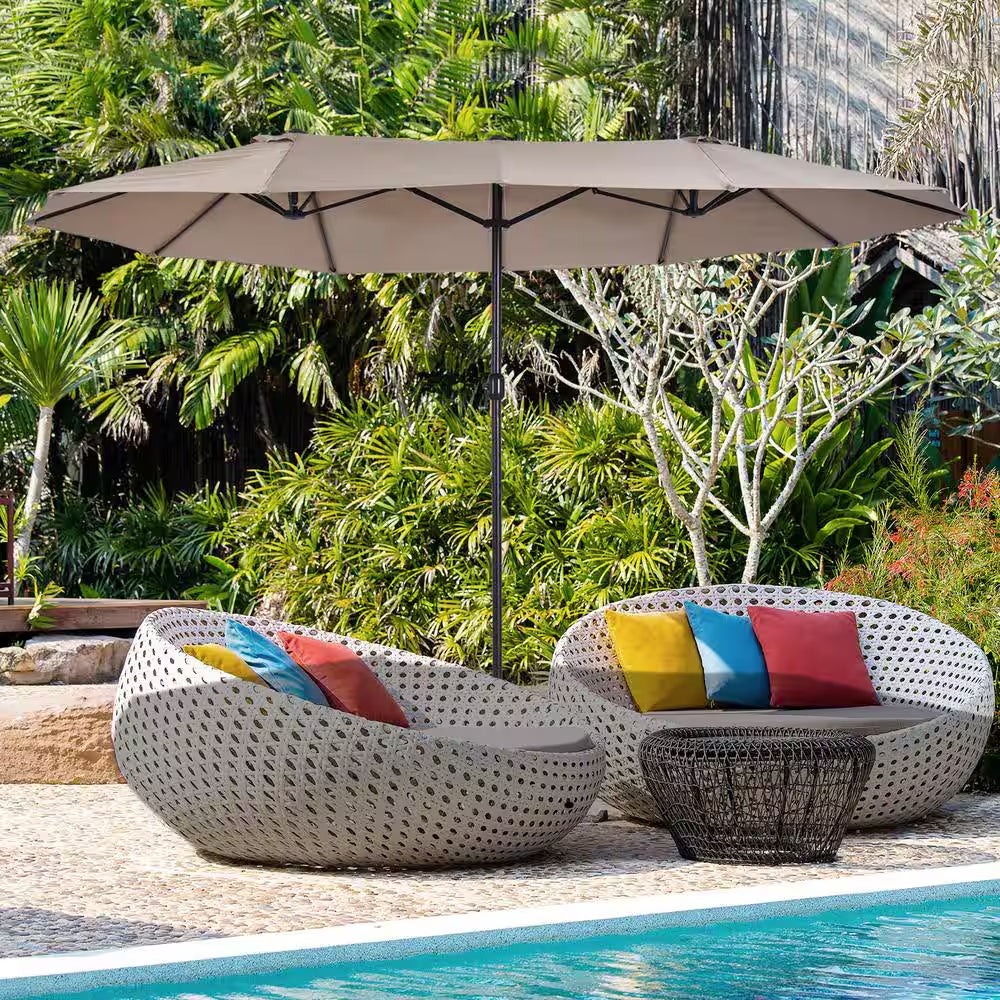 15 Ft. Steel Rectangular Outdoor Double Sided Market Patio Umbrella with UV Sun Protection & Easy Crank in Tan