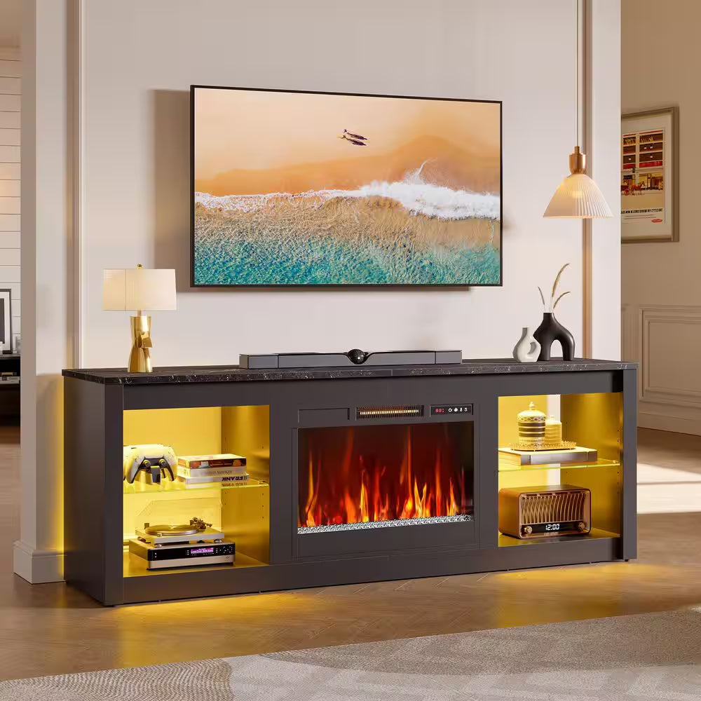 70.8 In. Black TV Stand with Fireplace Fits Tvs up to 75 In. LED Entertainment Center