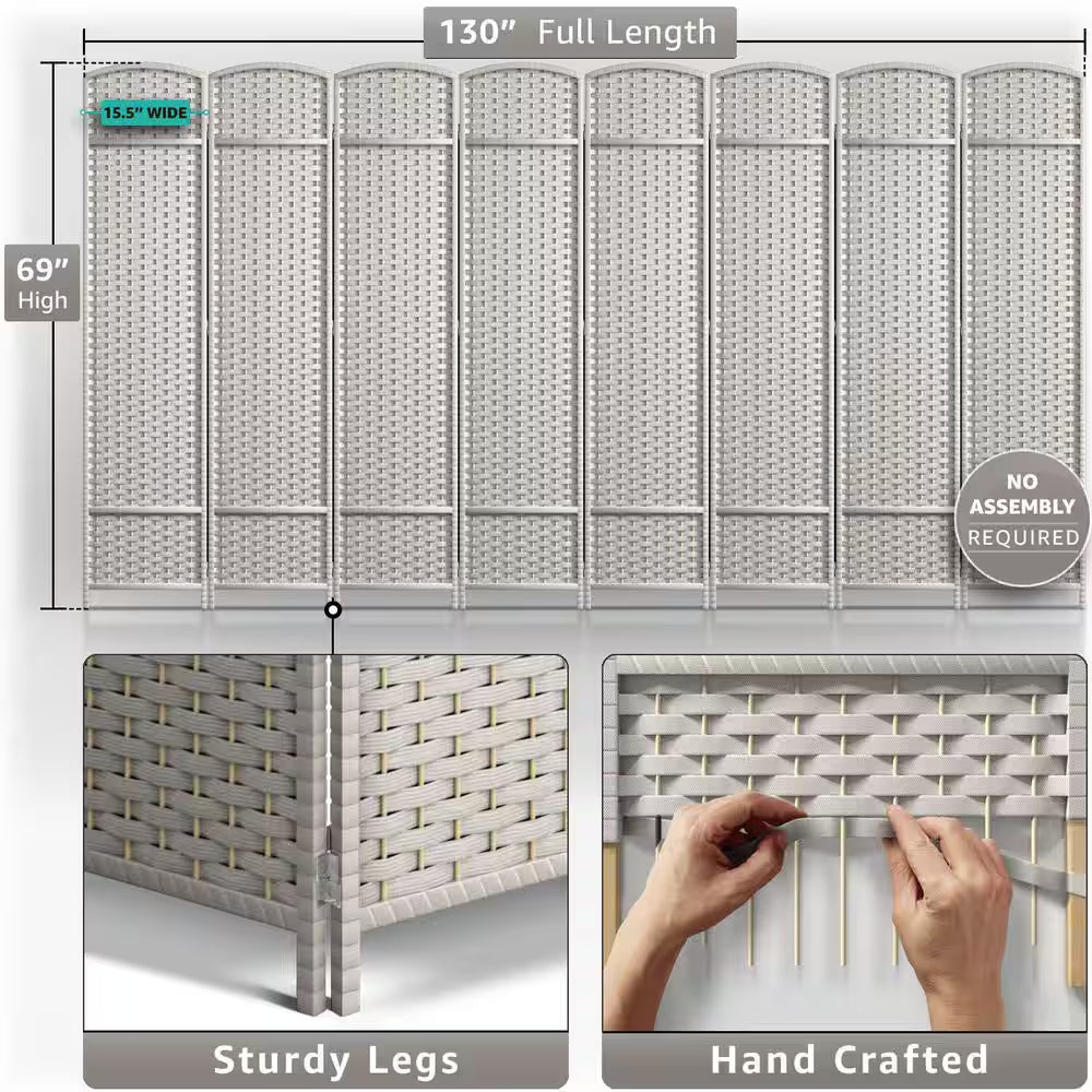 Beige 8 Panel 6 Ft. Tall Double Hinged Foldable Panel Room Divider