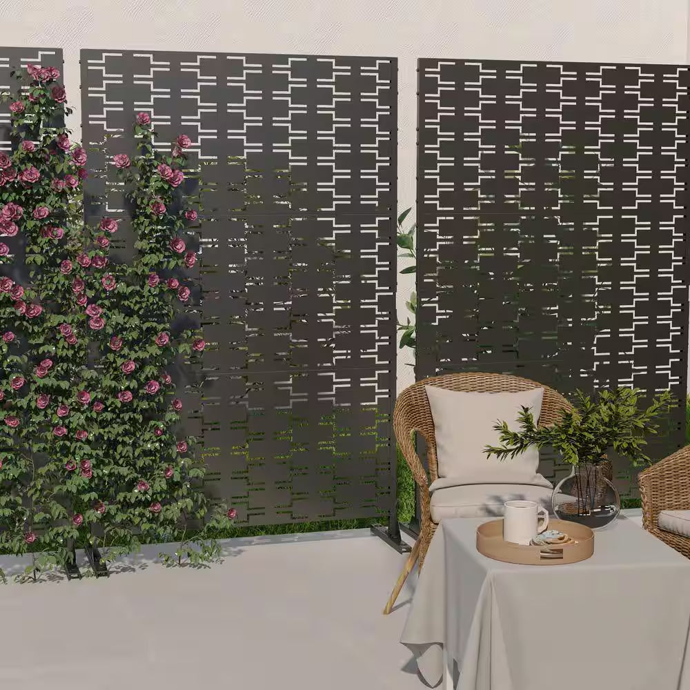 76 In. Galvanized Steel Garden Fence Outdoor Privacy Screen Garden Screen Panels in Black