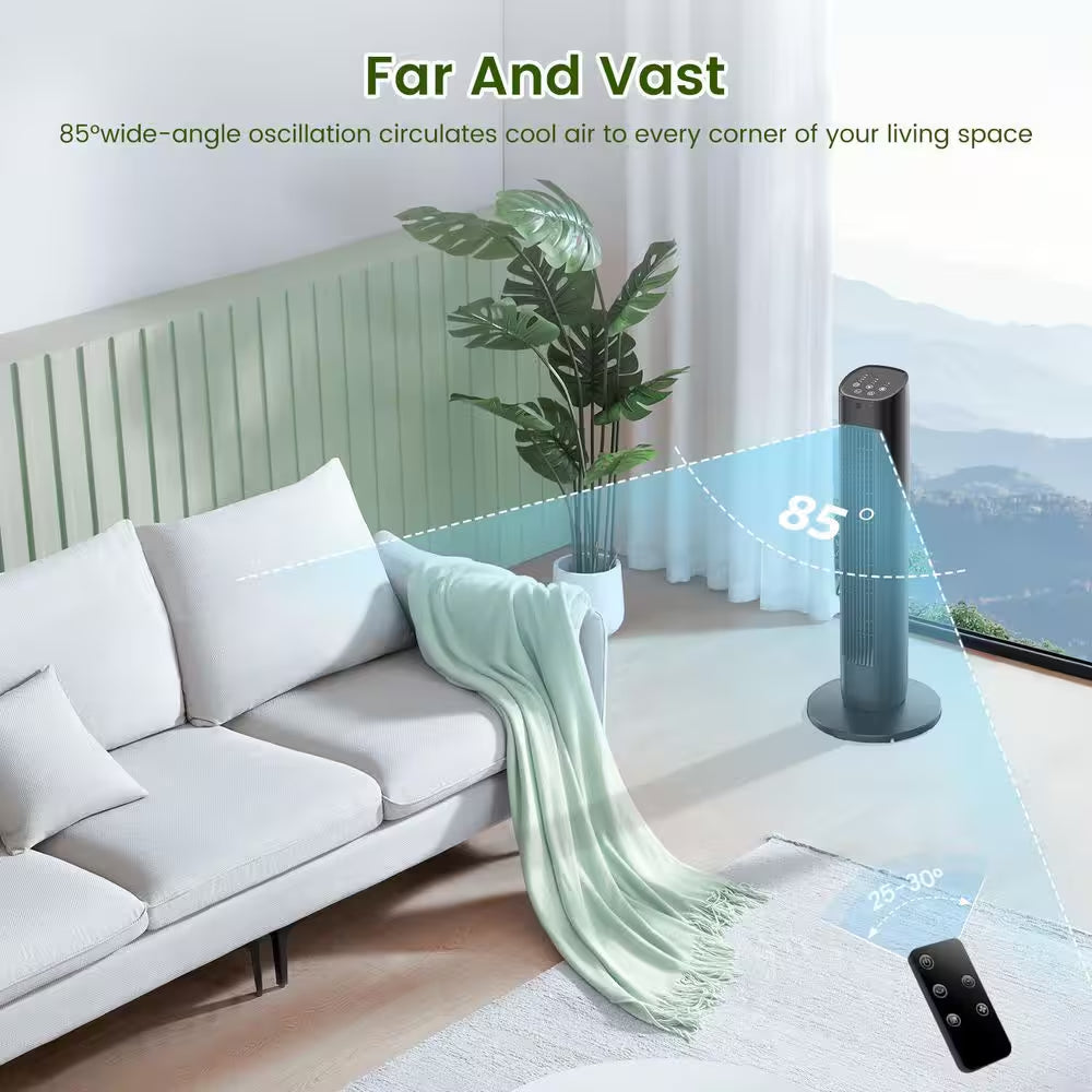 30.71 In. 3-Speed Oscillating Tower Fan in Black with 3-Modes, 85° Oscillating, Timer and Remote Control