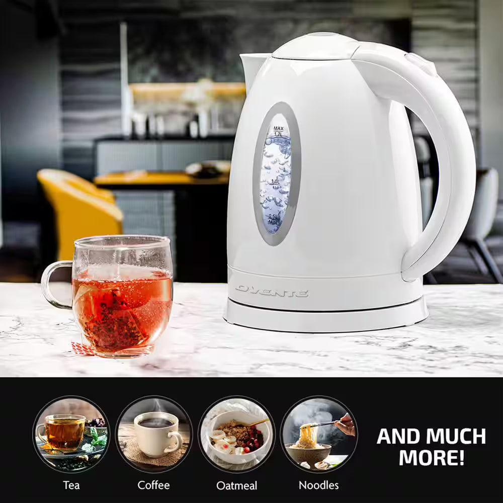 7-Cup Bpa-Free White Electric Kettle with Auto Shut off Feature, Boil-Dry Protection and Removable Filter