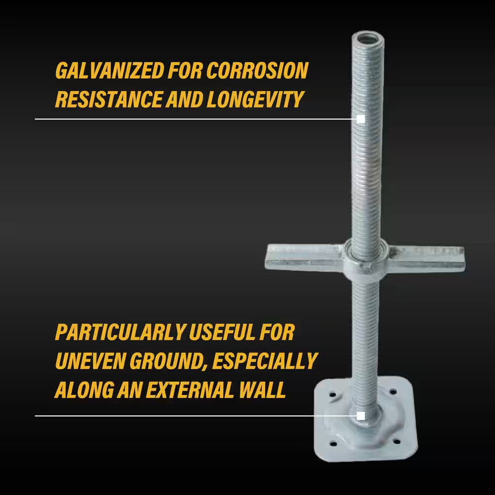 24-Inch Galvanized Steel Adjustable Leveling Jacks with Heavy-Duty Base Plate and Wing Nut Screw for Scaffolding Frames