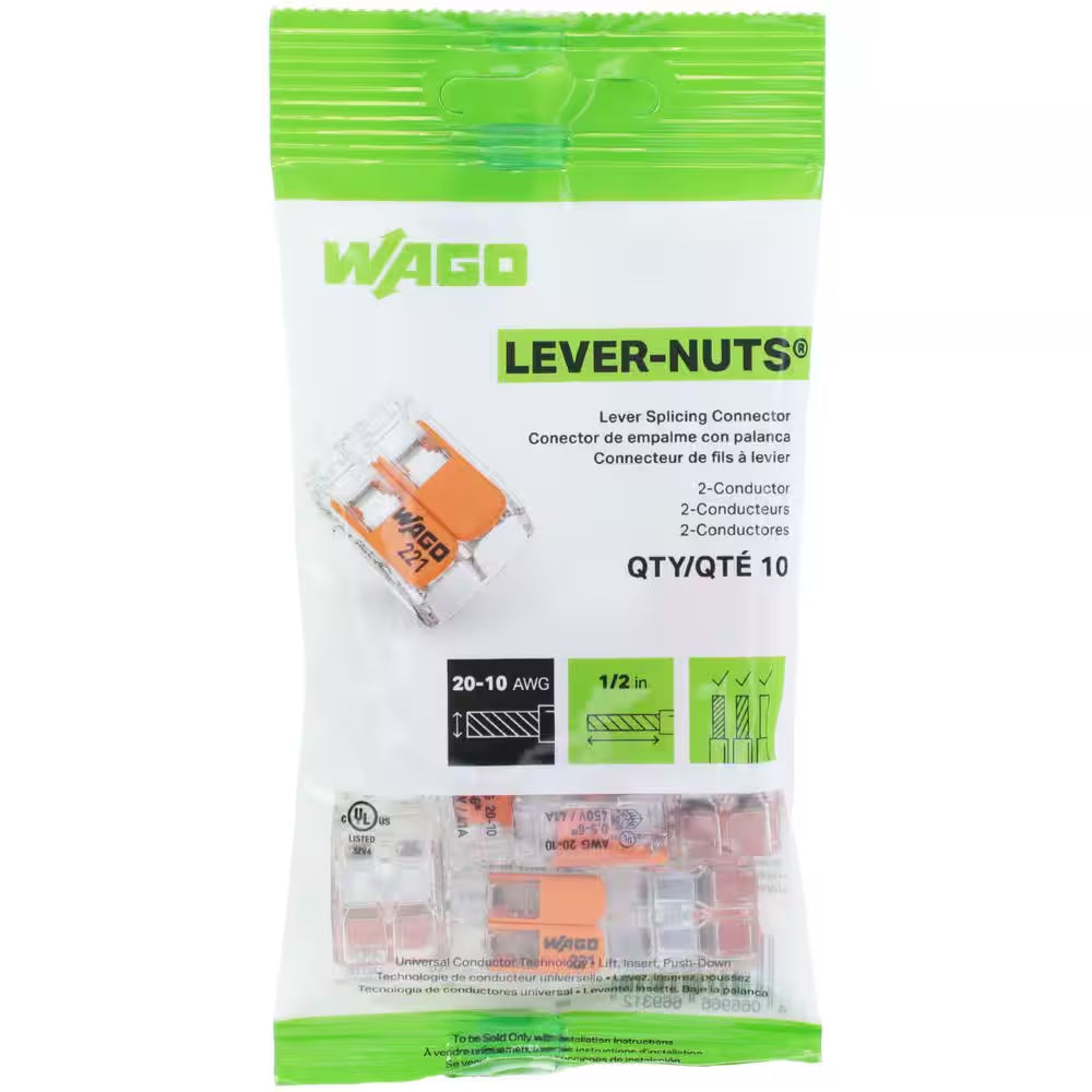 221-612 Lever Nuts 10 AWG 2 Wire Conductor Wire Connectors, 10-20 AWG (10-Piece Bag)