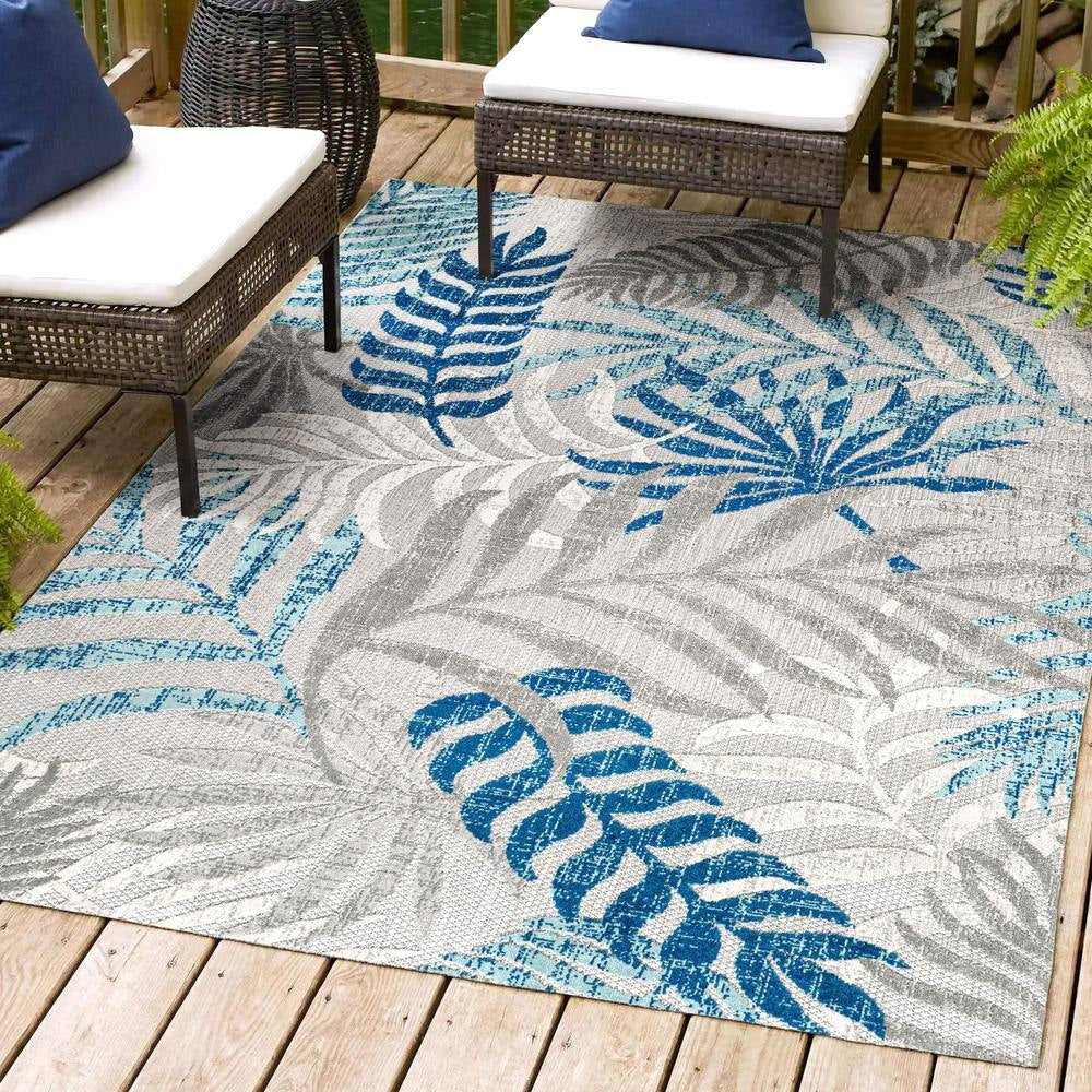 Tropics Palm Leaves Gray/Blue Indoor/Outdoor 8 Ft. X 10 Ft. Area Rug