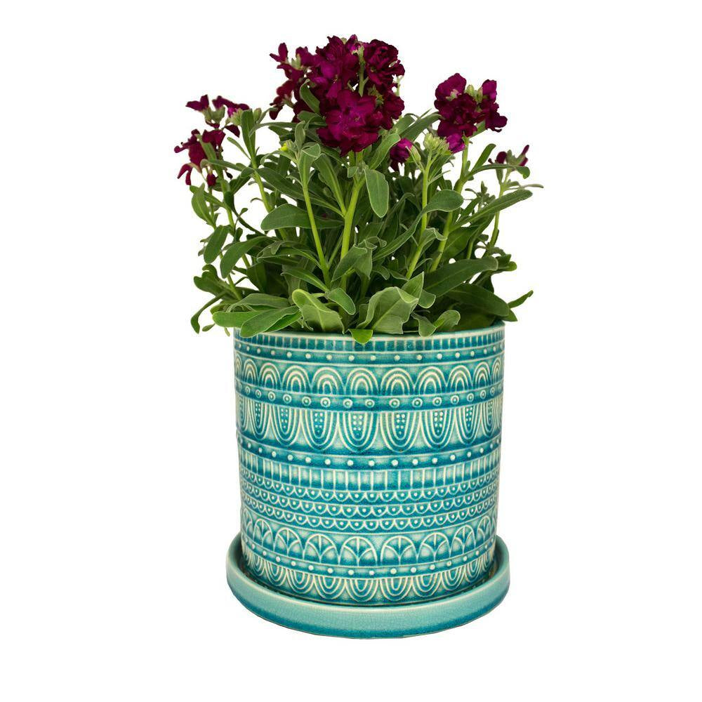 8 In. Dia Aqua Seven Seas Cylinder Ceramic Planter