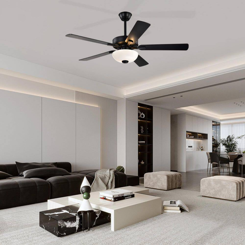 52 In. Matte Black 5-Blade Integrated LED 6-Speed Indoor Ceiling Fan with Light Kit and Remote Control