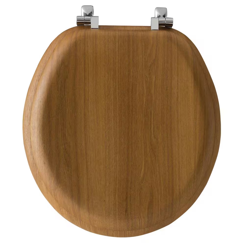 Round Wood with Chrome Hinge Toilet Seat in Natural Oak