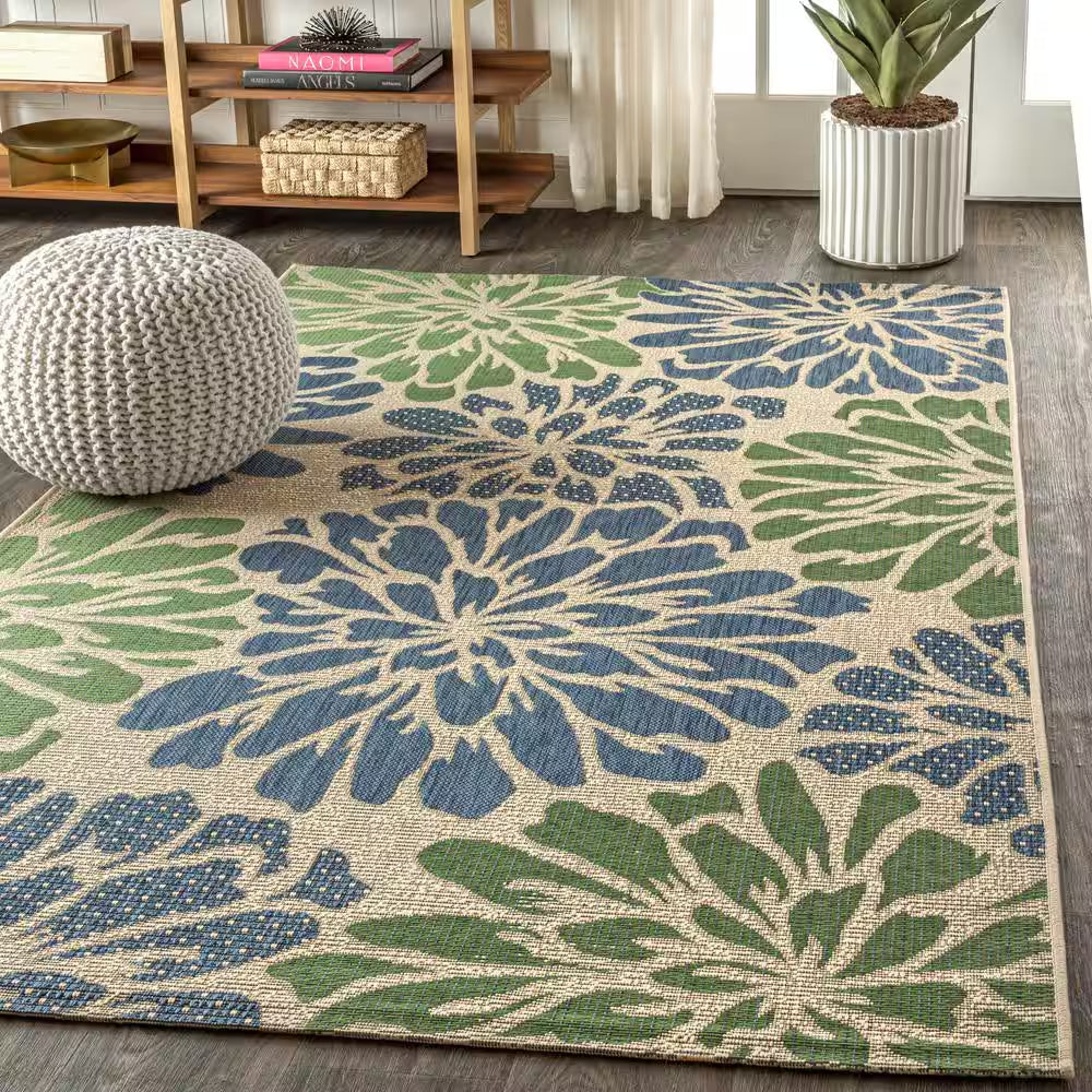 Zinnia Navy/Green 8 Ft. X 10 Ft. Floral Indoor/Outdoor Area Rug