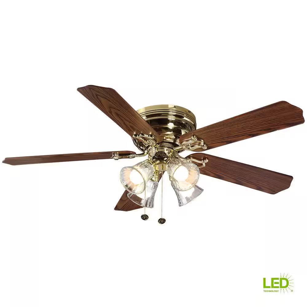 Carriage House 52 In. Indoor LED Polished Brass Ceiling Fan with Light Kit, Reversible Motor and Reversible Blades