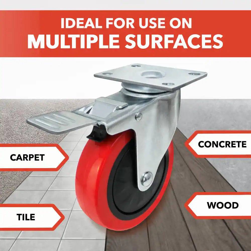 4 In. Red Polyurethane and Steel Swivel Plate Locking Caster Wheel with 250 Lb. Load Rating