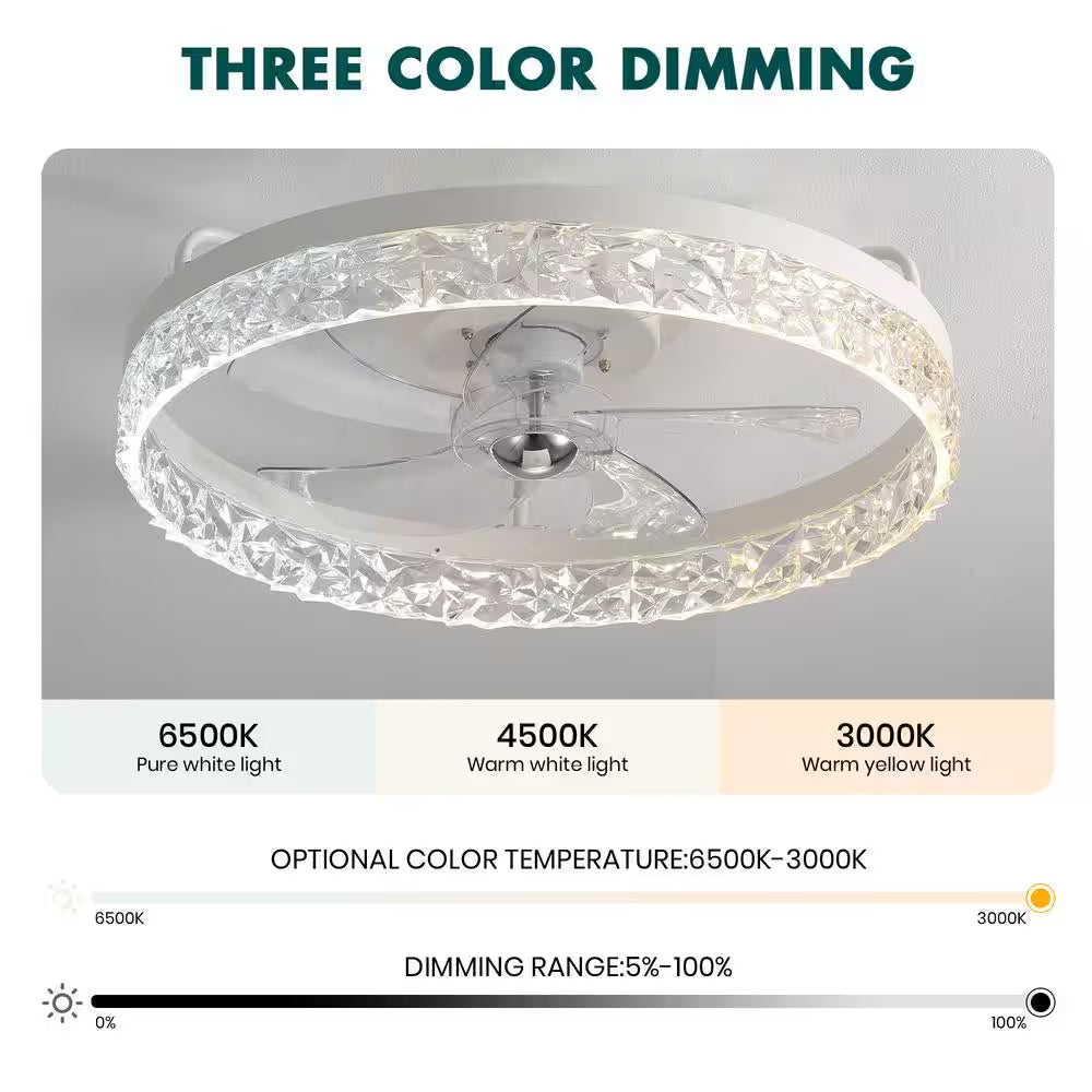 Lidia 19.68 in Indoor Modern White Crystal Flush Mount Ceiling Fan with Light, White LED Ceiling Fan for Bedroom