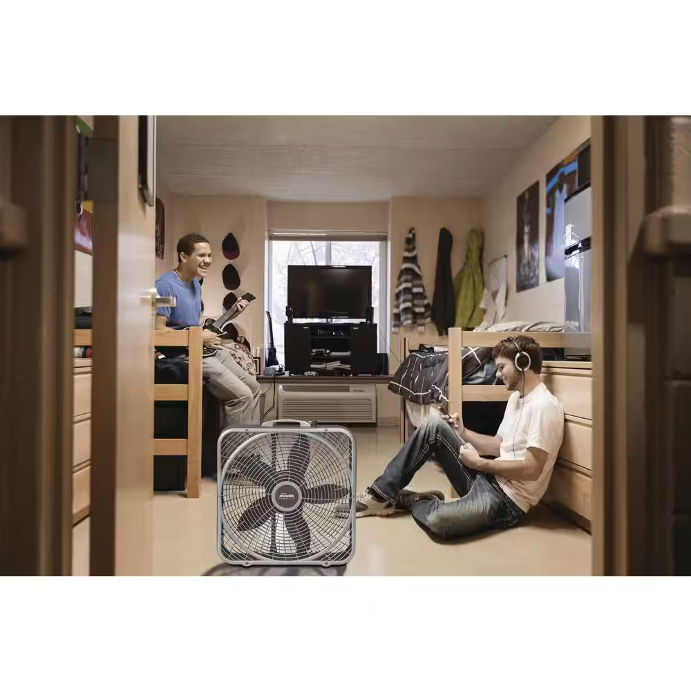 Power plus 20 In. 3 Speed Box Fan for Home in Gray with Weather Shield Design for Window Use, 2000 CFM, Carry Handle