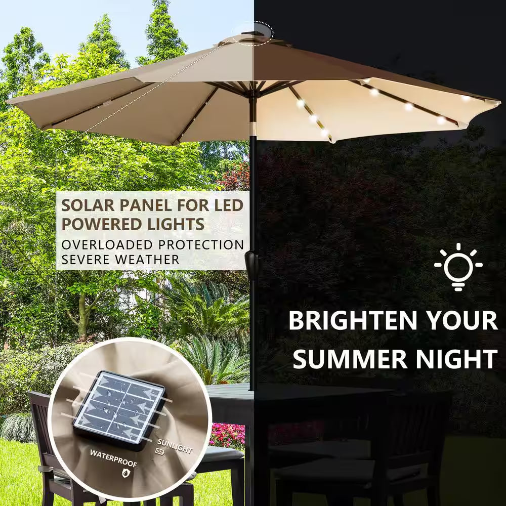9 Ft. Steel Market Solar Lighted 8-Rib round Patio Umbrella in Taupe