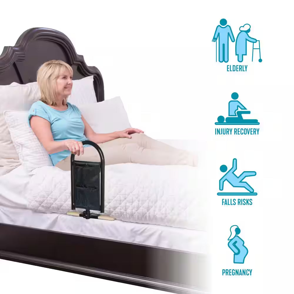 10.5 In. Bedcane Home Bed Rail with Wooden Base Board and Organizer Pouch in Black