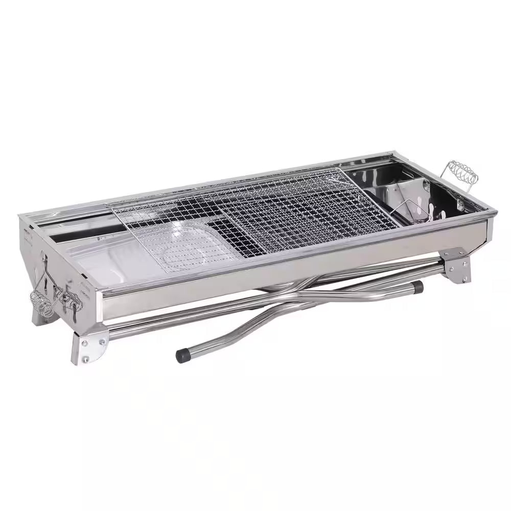 Portable Folding Charcoal BBQ Grill in Silver Stainless Steel Camp Picnic Cooker with a Large Non-Stick Cooking Space
