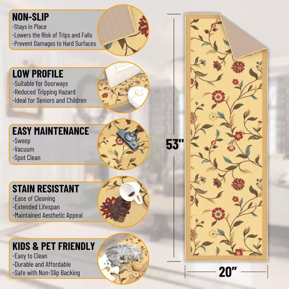 Ottohome Collection Non-Slip Rubberback Floral Leaves 2 X 5 Indoor Runner Rug, 1 Ft. 8 In. X 4 Ft. 5 In., Beige