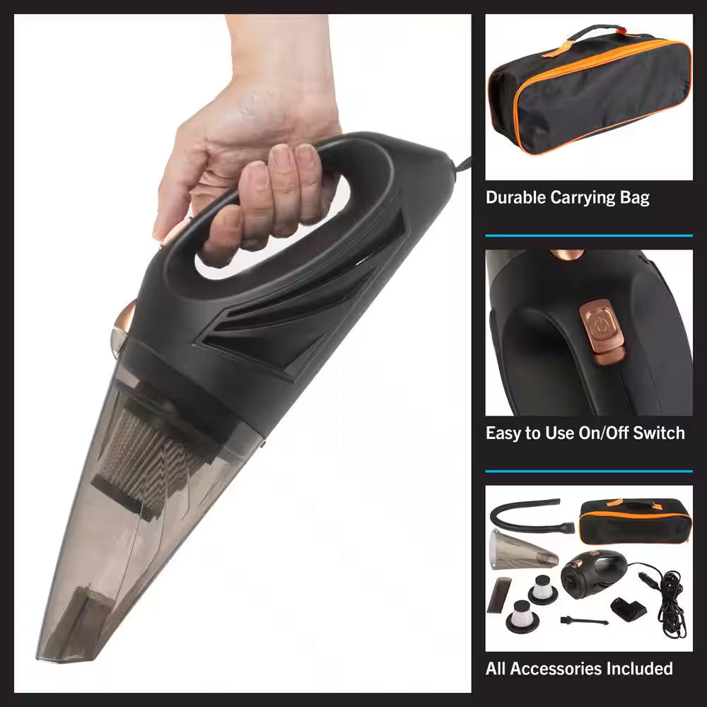 12V High-Powered Handheld Vacuum with Detailing Attachments - Travel Case Included for Car or Home