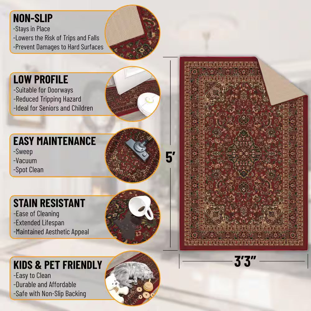 Ottohome Collection Non-Slip Rubberback Medallion Oriental Design 3X5 Indoor Area Rug, 3 Ft. 3 In. X 5 Ft., Dark Red