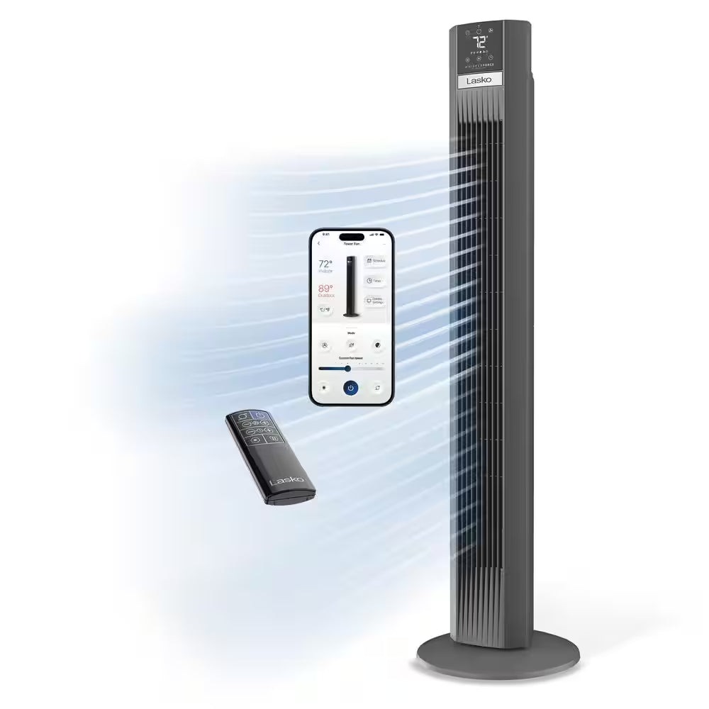 Xtra Air 48 In. 12-Speed Smart Tower Fan in Gray W/ DC Motor, Works W/ Alexa, Google, Whisper Quiet, Remote, 12 In. Dia