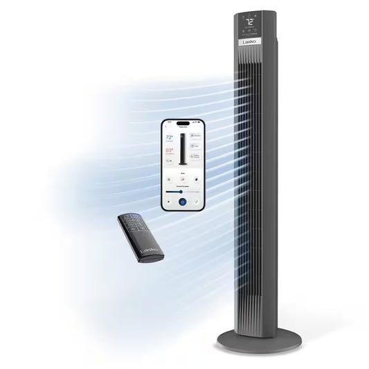 Xtra Air 48 In. 12-Speed Smart Tower Fan in Gray W/ DC Motor, Works W/ Alexa, Google, Whisper Quiet, Remote, 12 In. Dia