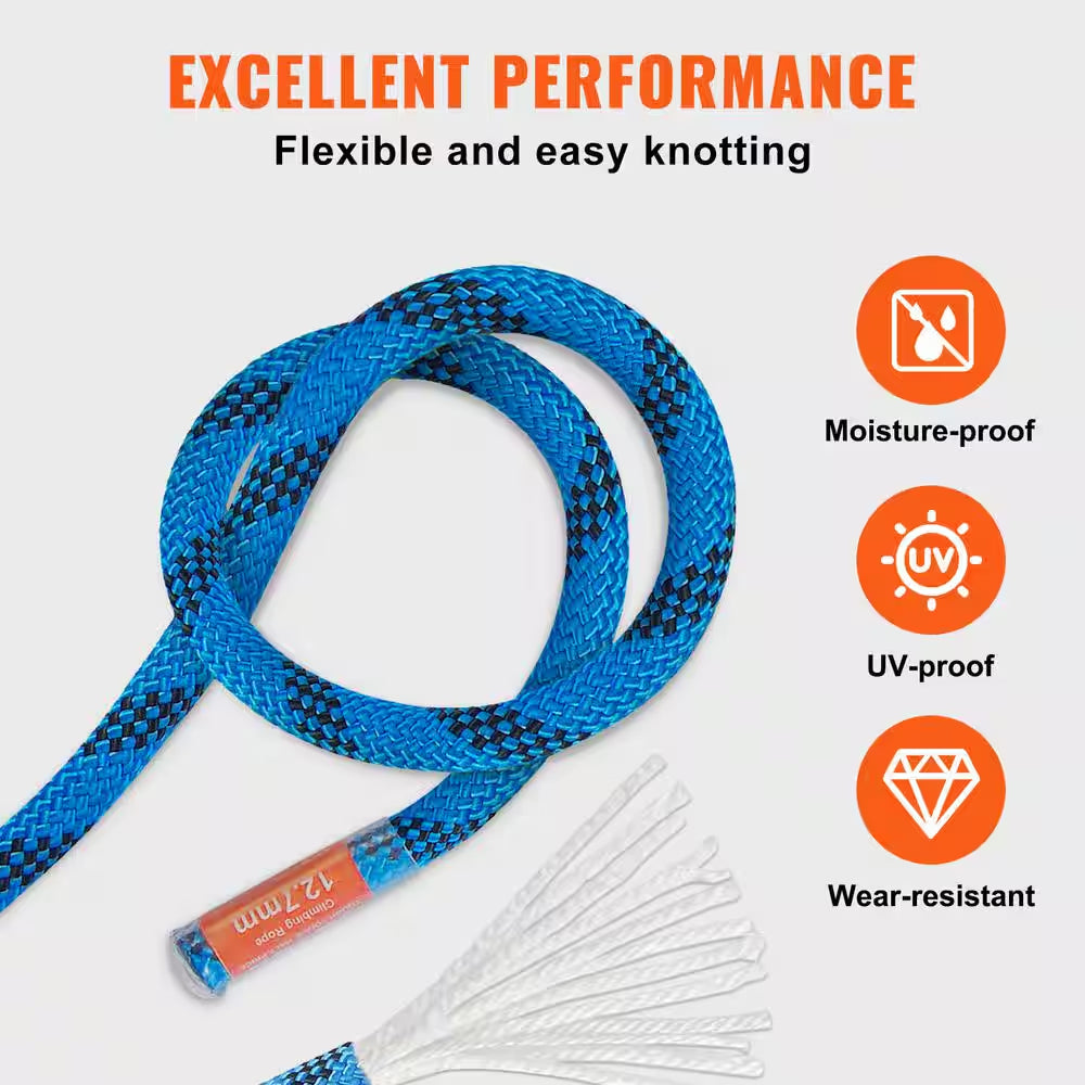 12.7 Mm Static Climbing Rope, 38 M, 125 Ft. Outdoor Rock Climbing Rope 30 KN Breaking Tension, Fiber Rope, Blue