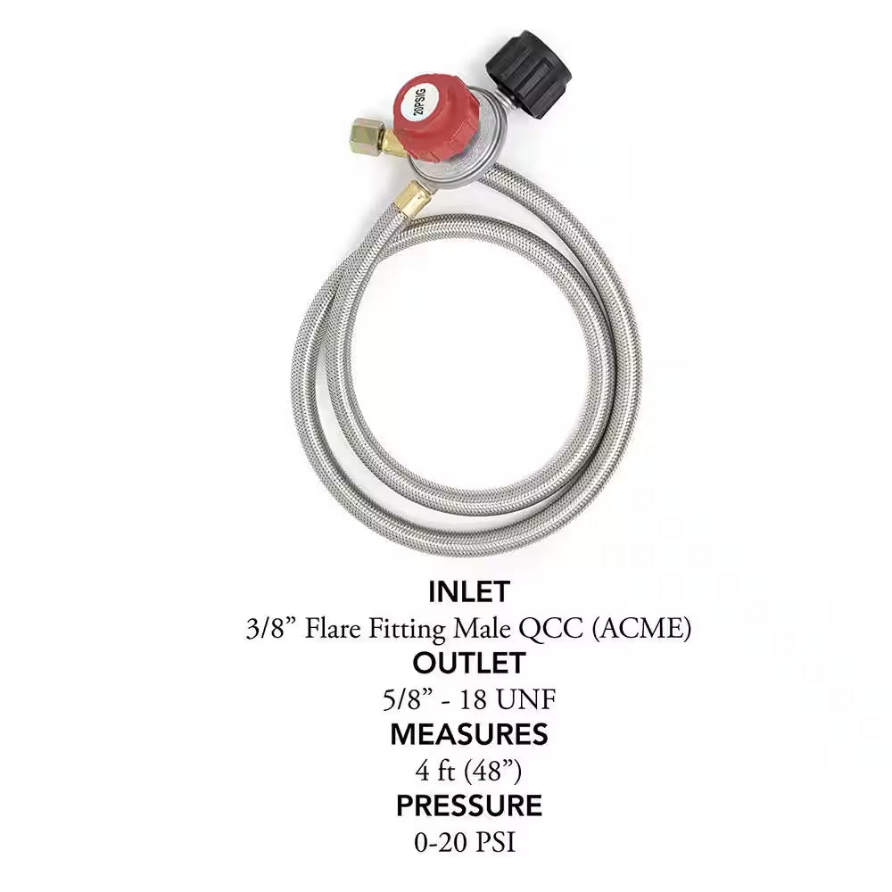4 Ft. 0 PSI to 20 PSI High Pressure Propane Regulator and Steel Braided Hose