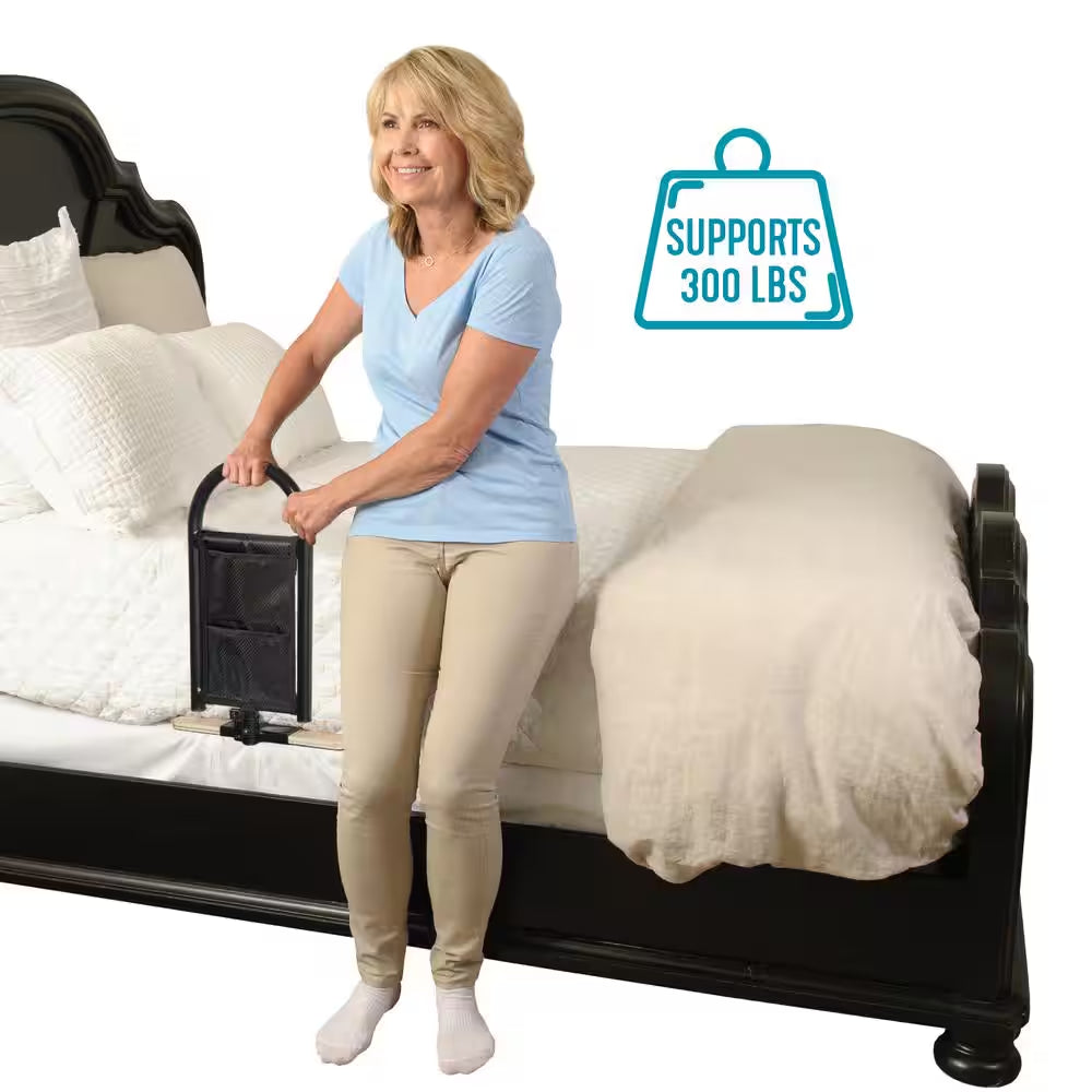10.5 In. Bedcane Home Bed Rail with Wooden Base Board and Organizer Pouch in Black