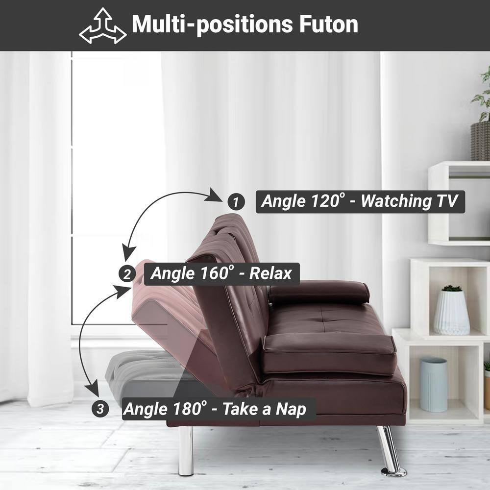 66 in Espresso Futon Sofa Mattress Faux Leather Couch with Armrest and 2-Cupholders Square Arm Rectangle with Metal Legs