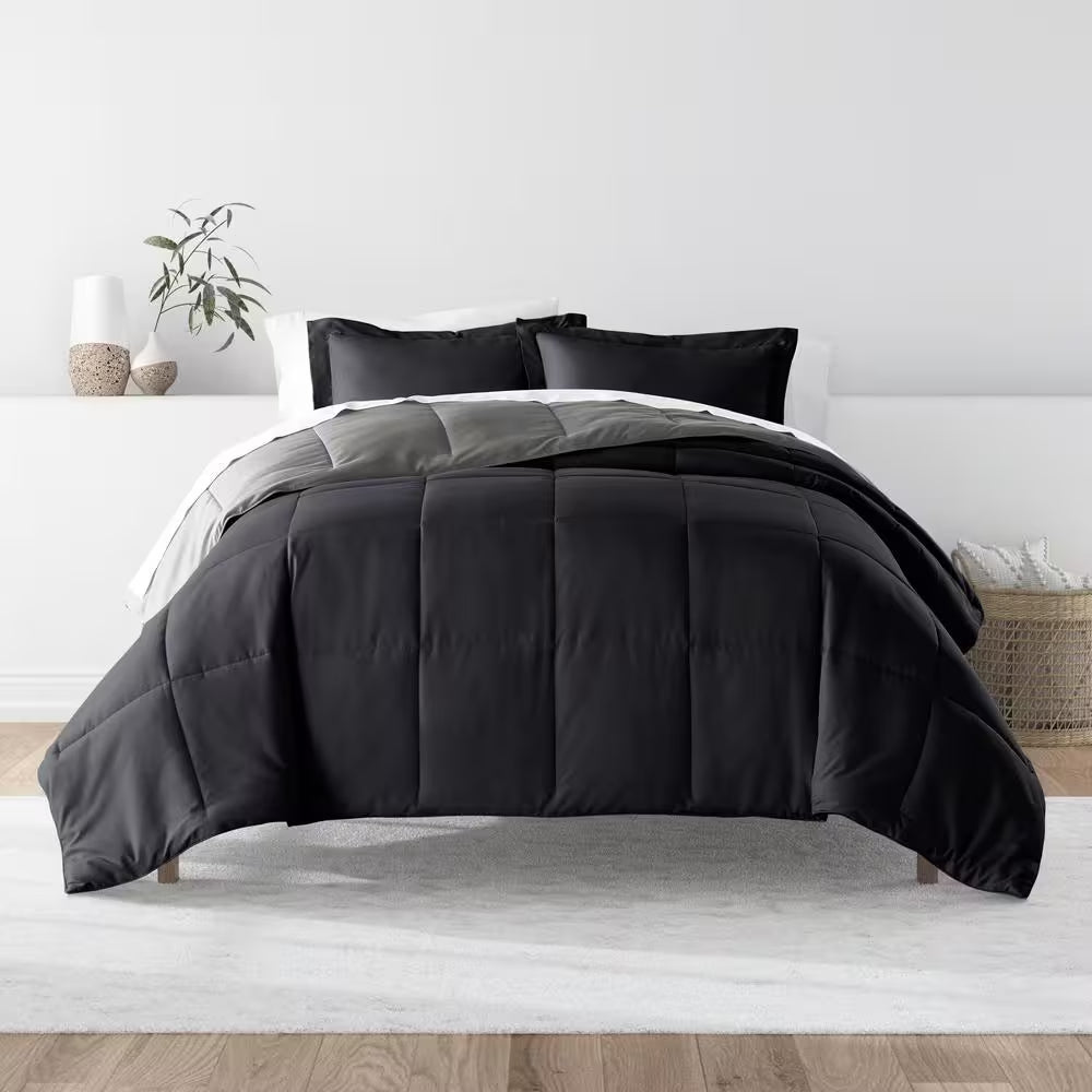 Black and Fog Microfiber down Alternative Full/Queen Reversible Comforter Set