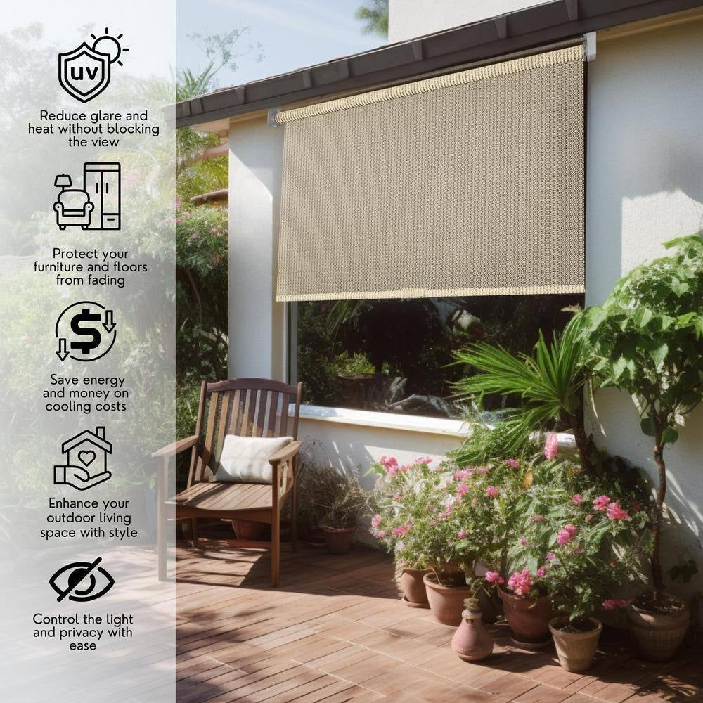 Natural Cordless UV Blocking Fade Resistant Polypropylene Outdoor Roller Shade 48 In. W X 66 In. L