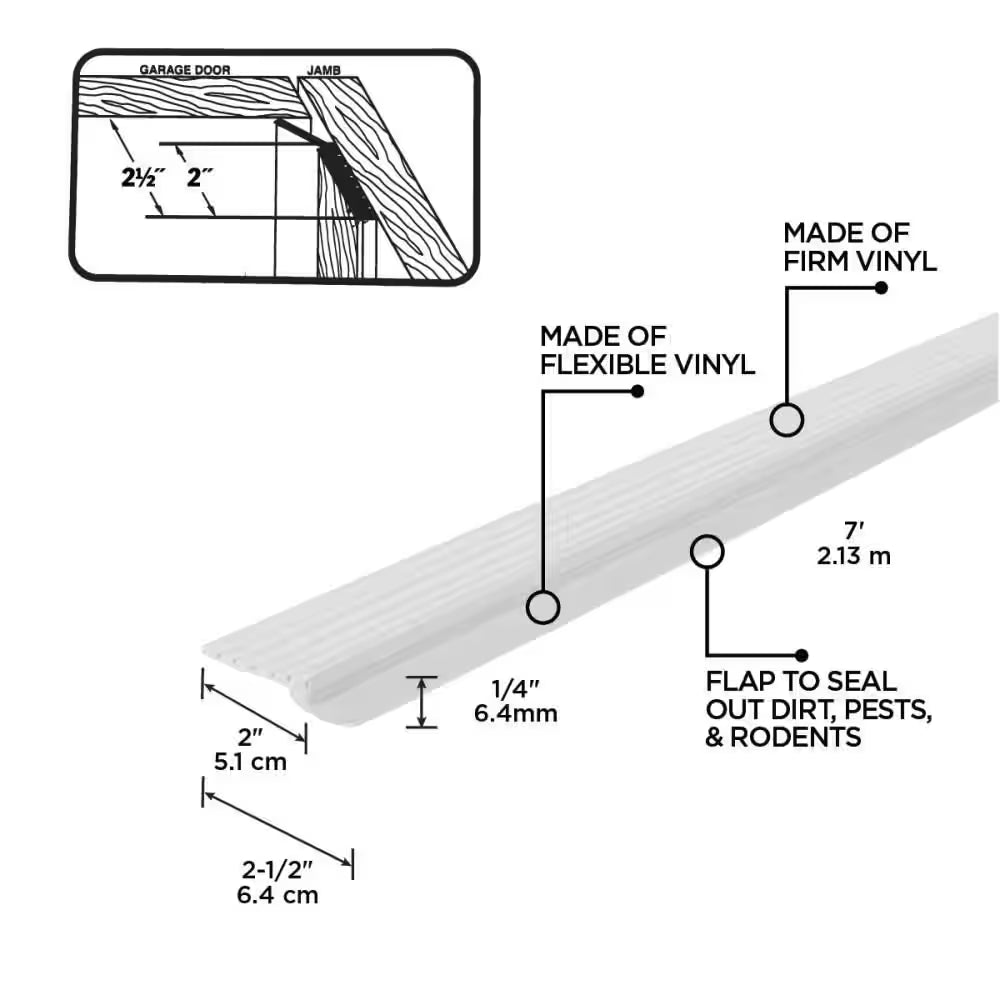 2.5 In. X 7 Ft. White Dual-Vinyl Top and Sides Garage Door Weatherstripping