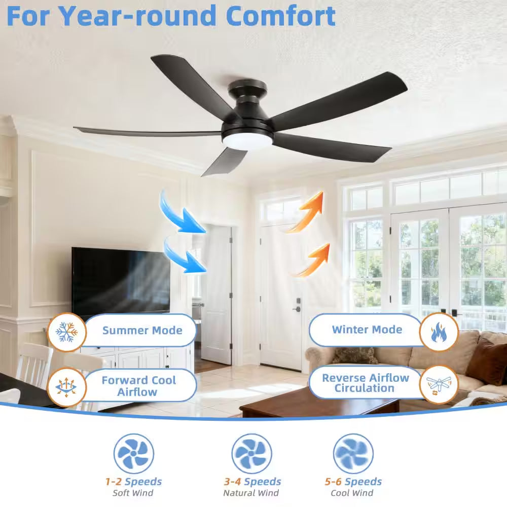 52 in Modern Black 6 Speeds Black Standard Flush Mount Ceiling Fan with 3- Color Dimmable LED Light, APP and Remote