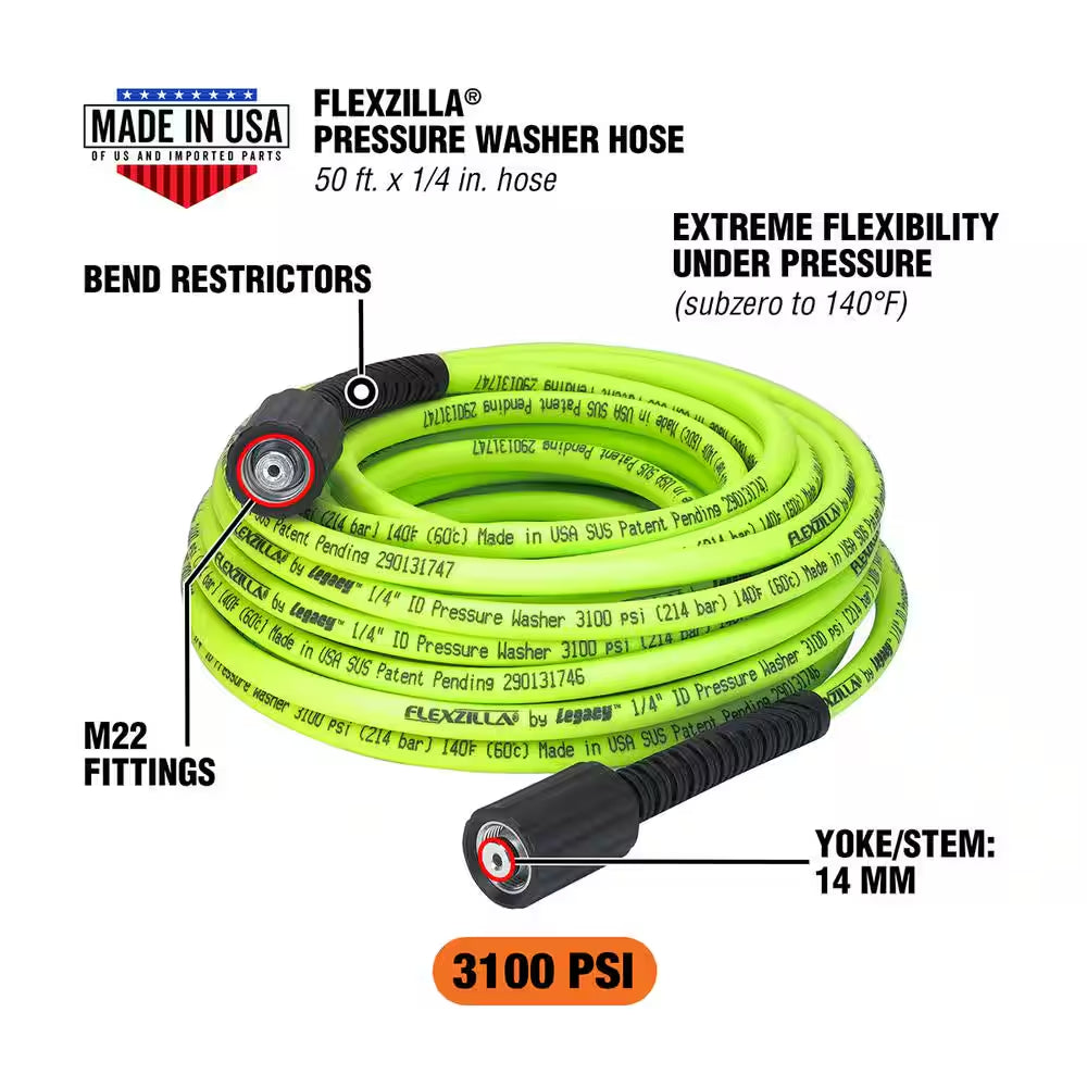 1/4 In. X 50 Ft. 3100 PSI M22 Fittings No Kink Flexible Pressure Washer Hose