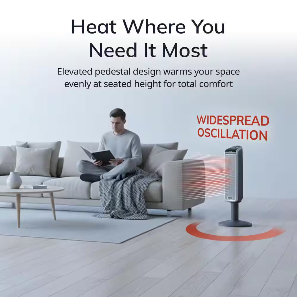 1500W 29 In. Gray Electric Pedestal Ceramic Oscillating Space Heater with Digital Display and Remote Control