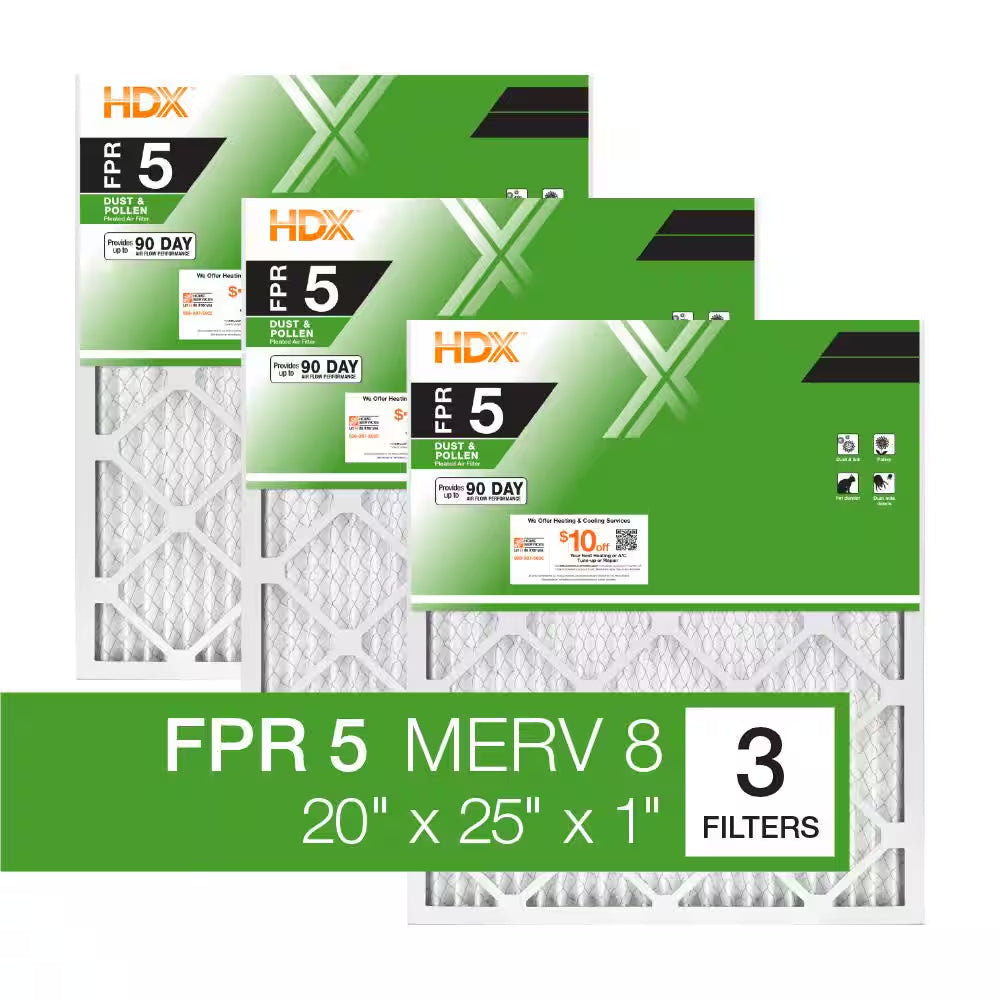 20 In. X 25 In. X 1 In. Standard Pleated Furnace Air Filter FPR 5, MERV 8 (3-Pack)