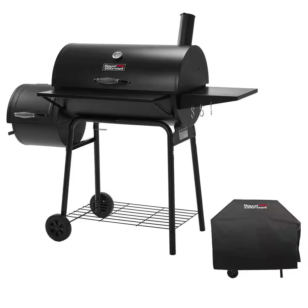Charcoal Grill with Offset Smoker and Side Table in Black plus a Cover