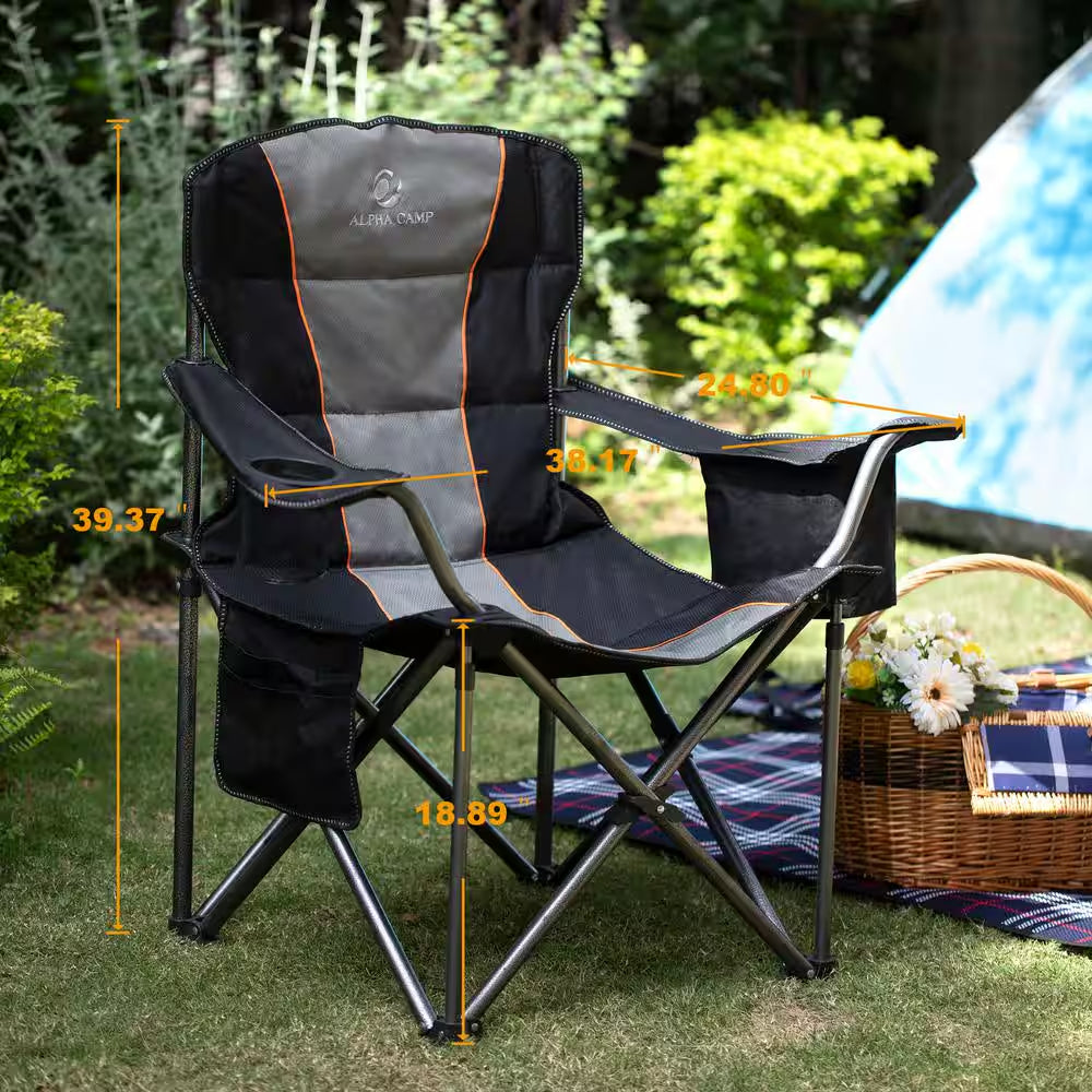 Oversized Folding Camping Chair with Cooler Bag Deluxe Black Chair Heavy-Duty