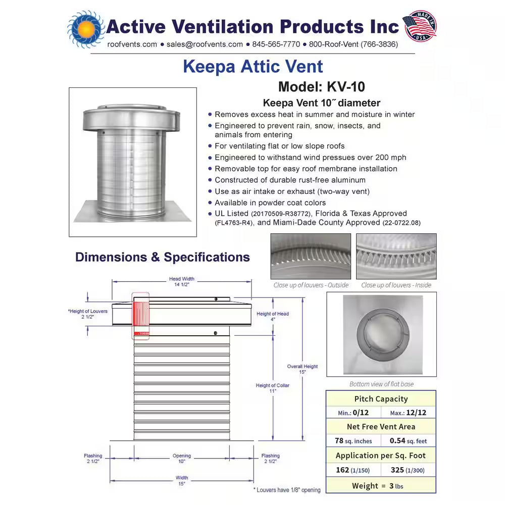 Keepa Vent 10 In. Dia 78 Sq. In. NFA Aluminum Finish Static Roof Vent for Flat Roofs with 11 In. High Collar