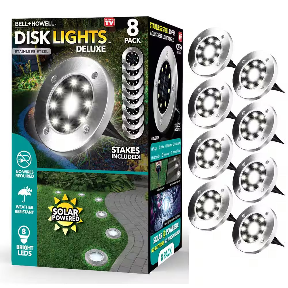 Solar Powered Stainless Steel Outdoor Integrated LED Super Bright In-Ground Path Disk Lights (8 per Box)