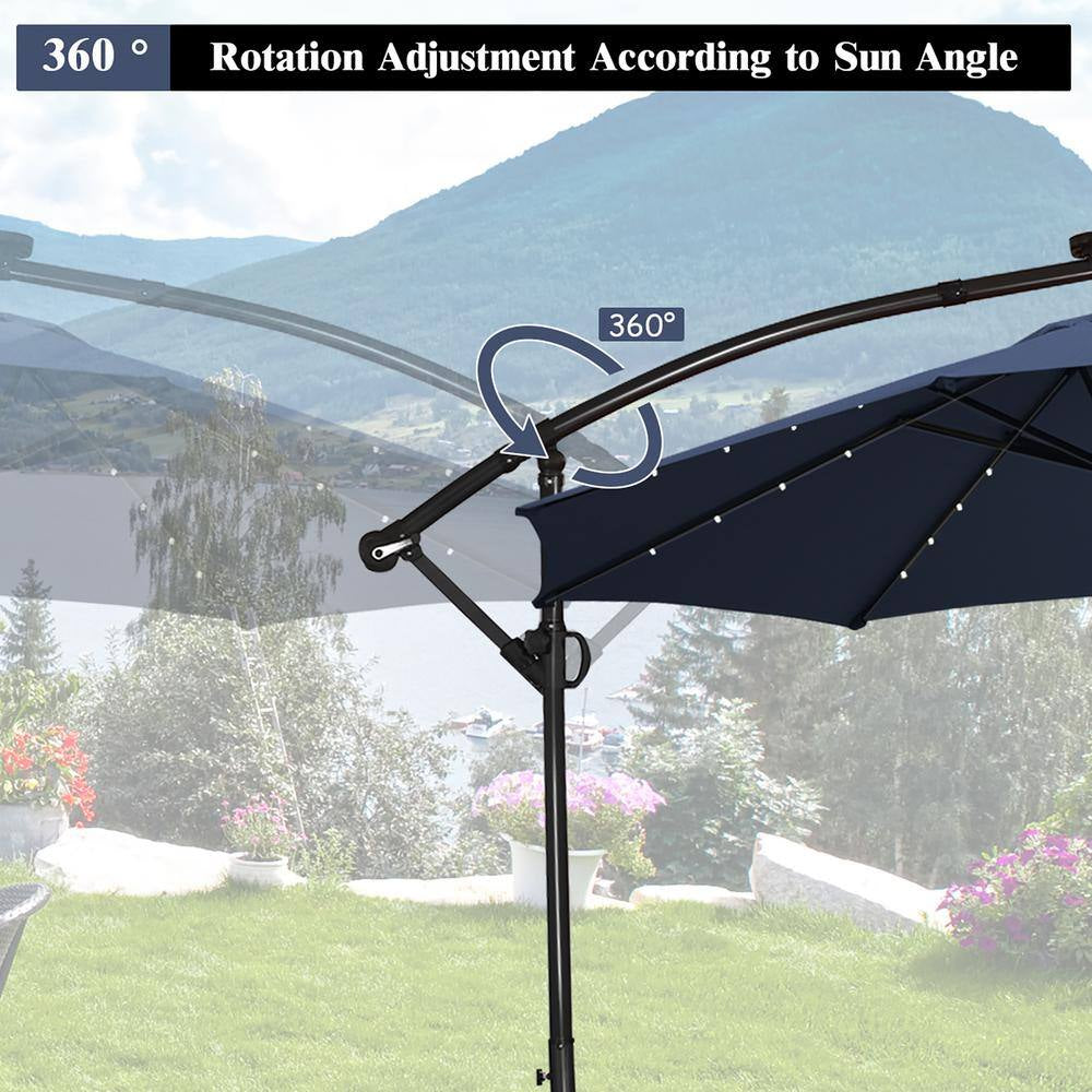 10 Ft. 360° Rotation Aluminum Offset Cantilever Solar Tilt Patio Umbrella LED Lights in Navy