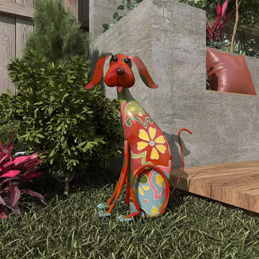 17 In. Metal Indoor Outdoor Dog Garden Sculpture with Floral Pattern