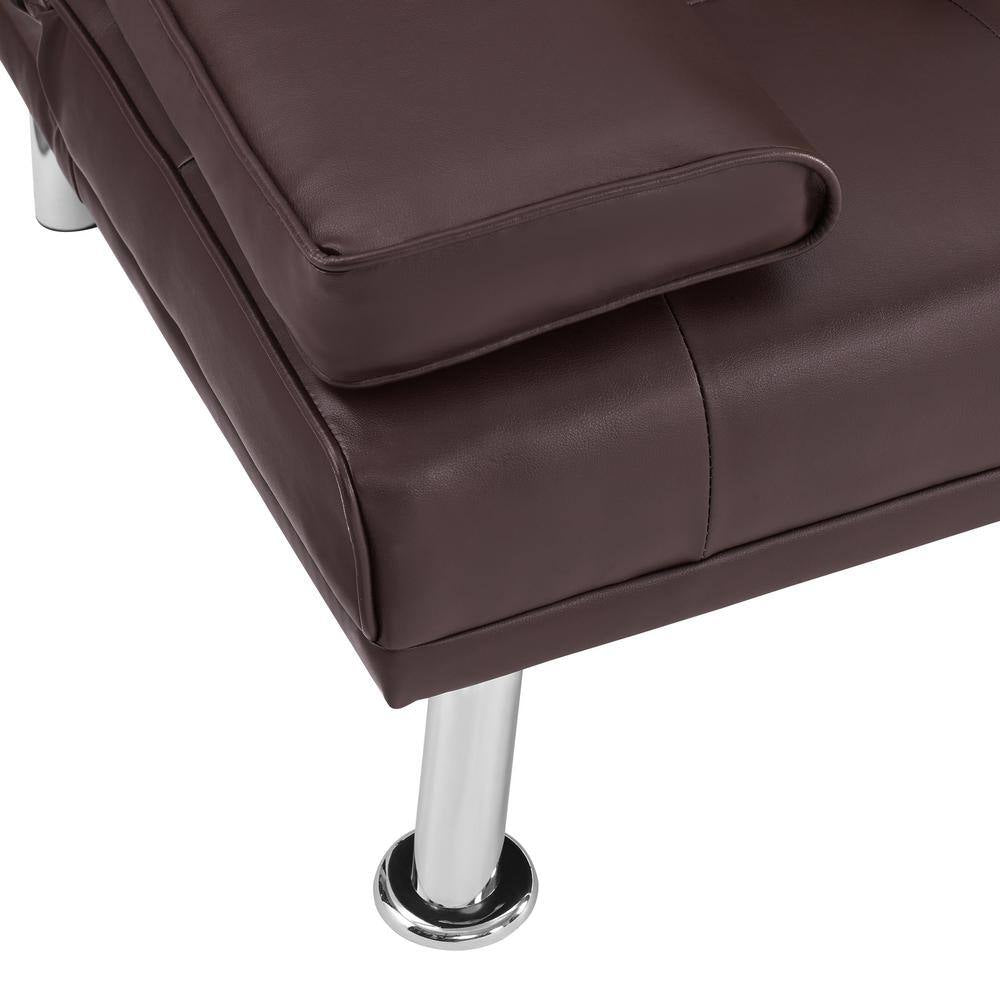 66 in Espresso Futon Sofa Mattress Faux Leather Couch with Armrest and 2-Cupholders Square Arm Rectangle with Metal Legs