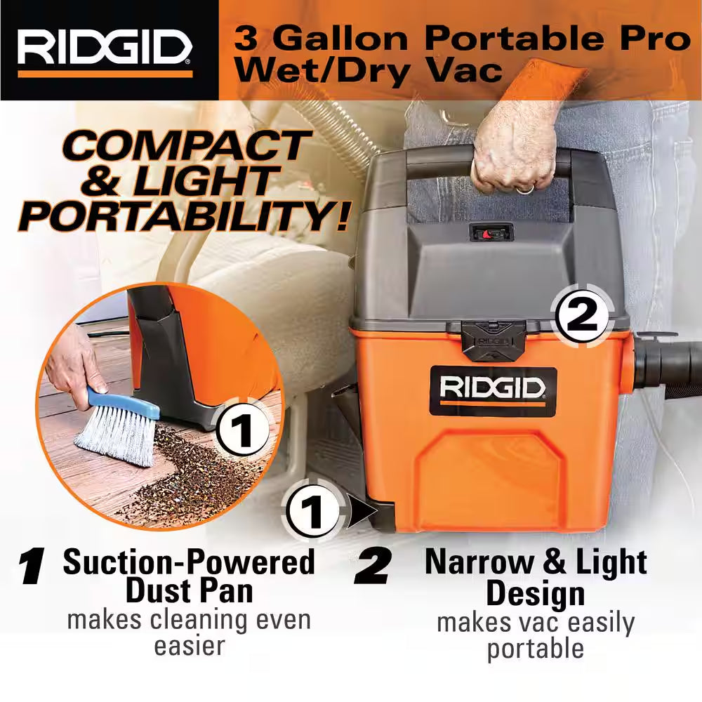 3 Gal. 3.5 Peak HP Handheld Shop Vacuum Wet Dry Vac with  SWEEP Dust Pan, Filter, Hose and Car Nozzle WD3050