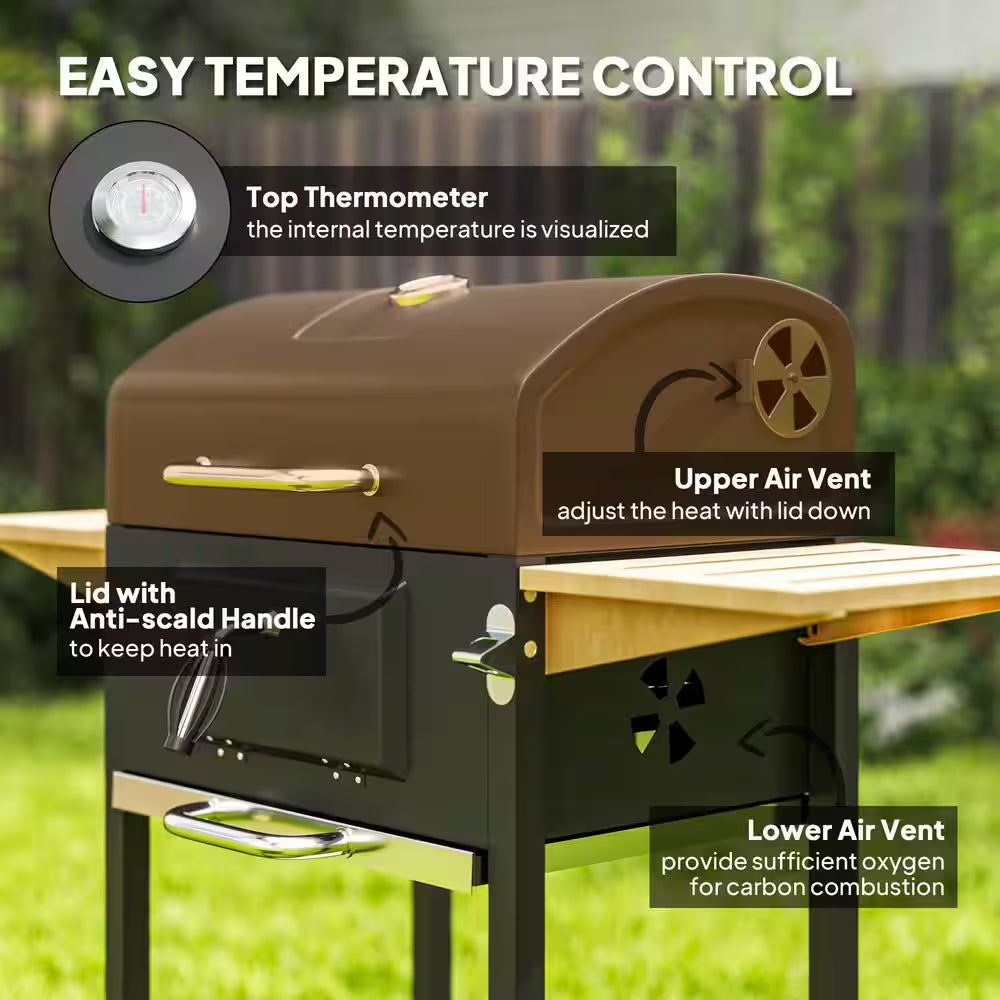 Charcoal Grill in Black with Adjustable Charcoal Pan, 3 Shelves, Thermometer, Wheels for Patio Backyard Party Picnic